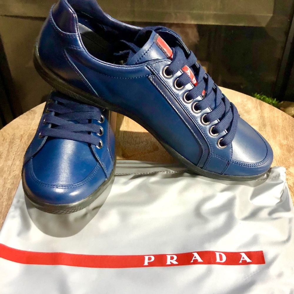 NIB Authentic PRADA Navy Leather Sneakers Sz 7.5